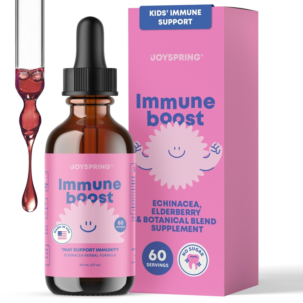 JoySpring Immuntropfen - Kinder Immununterstützung Flüssigkeitsergänzung (2 fl oz) - Echinacea, Elderberry, Oregon Grape Root, Orange Peel, Vitamine A, B6, C - Natürliches Support-System für Kinder & Erwachsene
