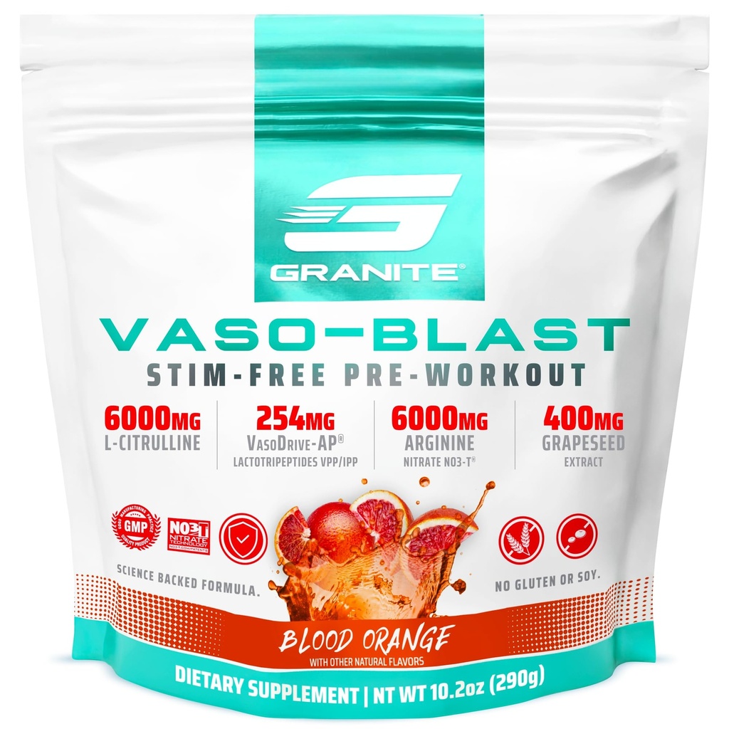 Granite Nutrition Vaso Blast Stim-Free Pre Workout - Non-Stim Nitric Oxide Unterstützung für Pumpe, Physique und Muskelkapazität - Blut Orange (290g)