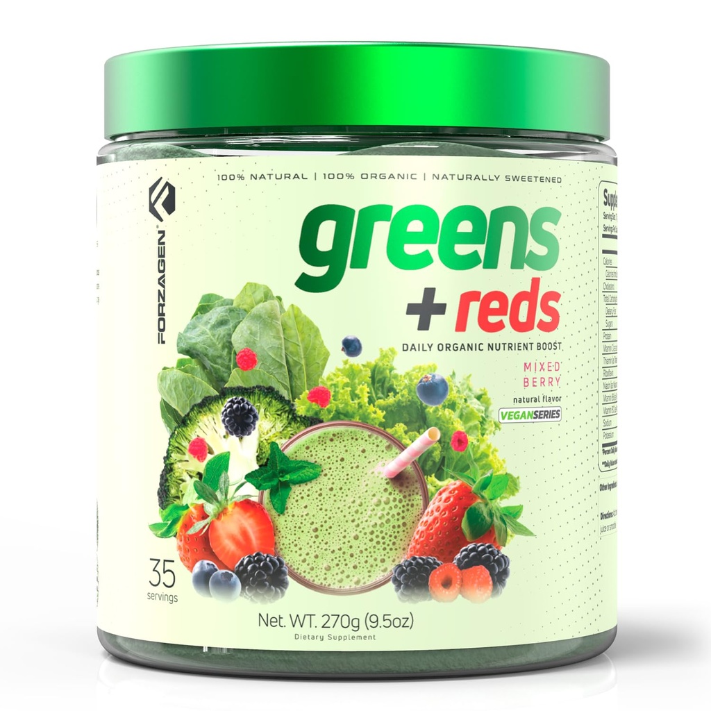 Forzagen Vegan Greens & Reds Superfood Pulver - Bio Super Greens Pulver | Premium Veggie Pulver Ergänzung | 35 Servierungen Rote und Grüne Superfood Pulver