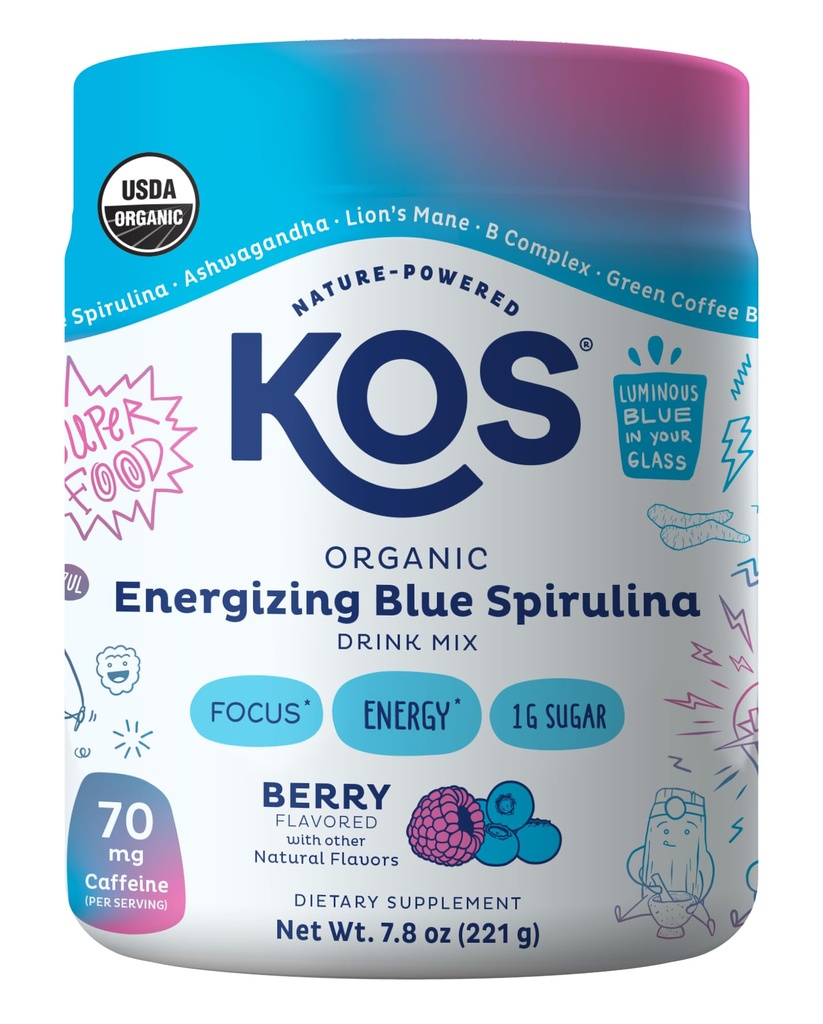 KOS Energizing Blue Spirulina Blend - USDA Certified Organic - B Vitamins, Ashwagandha, Ginseng, Adaptogene, Biotin - Vegan Pre Workout Powder - Koffeiniert, Berry Flavored, 28 Servierungen