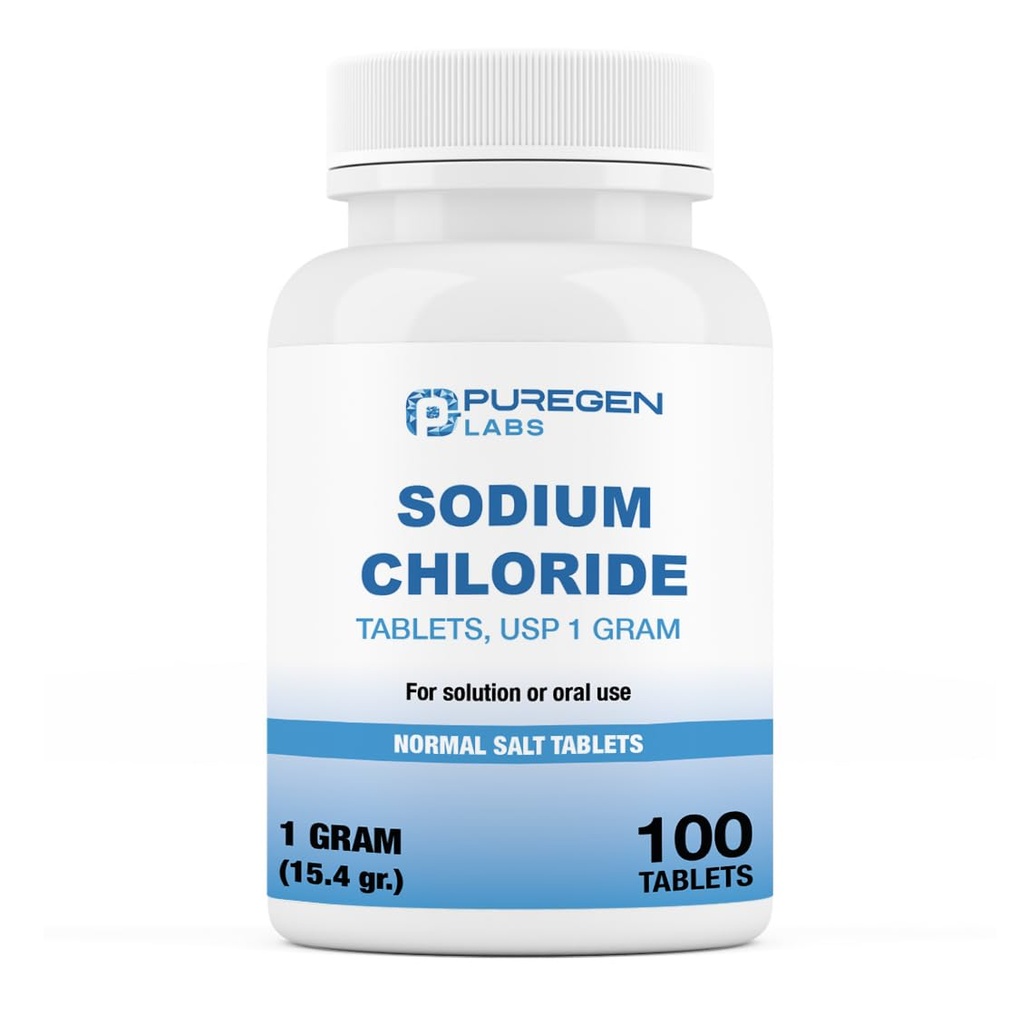 Puregen Labs Natriumchlorid Tabletten 1 gm (1000 mg), USP | (15.4gr.) | 100 Count | Normal Salz Tabletten | Made in USA | Elektrolyte Replenisher Trinkgetränk
