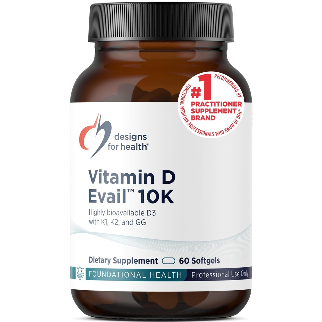 Designs für Gesundheit D-Evail 10K - 10.000 IU Vitamin D Supplement mit Vitamin K (K1, K2 als MK-4) + GG - Knochen, Herz-Kreislauf + Immununterstützung - Verbesserte Bioverfügbarkeit Vitamin D3 (60 Softgels)