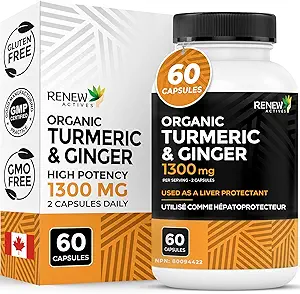 Renew Actives Turmeric Curcumin 1000MG & 200MG Ginger pro 2 Kapseln - Potent Antioxidant mit Bioperine & Black Pepper Blend für Verdauungs- und Lebergesundheit - Made in Canada - 60 Kapseln