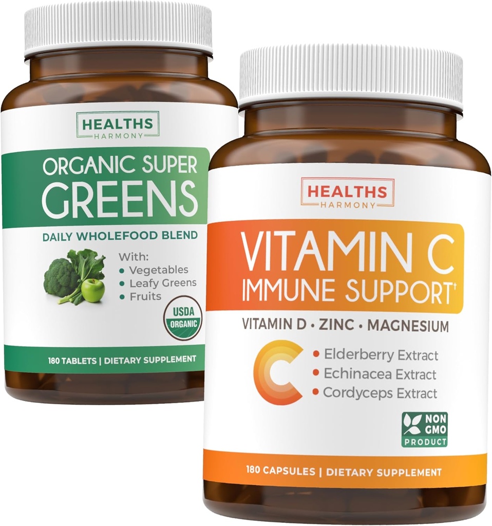 Super Greens & Vitamin C (3-Monats-Versorgung) Vitamin Greens Bundle Bio Super Greends Powder - Komplette Superfood (180 Kapseln) & Vitamin C Immununterstützung (180 vegetarische Kapseln)
