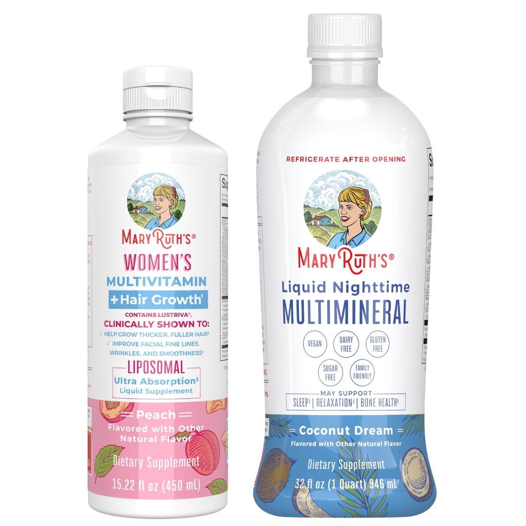MaryRuth's Women's Multivitamin + Hair Growth Liposomal (Peach) & Liquid Nighttime Multimineral (Coconut, 15oz) | Clean Label Project Verified® | Vegan | Beauty, Bedtime Routine, & Gesamtgesundheit
