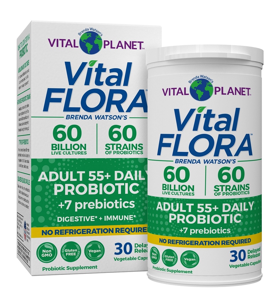 Vital Planet - Vital Flora Erwachsene über 55 Daily Probiotic 60 Billion CFU, Diverse Strains, Bio-Präbiotika, Immun- und Verdauungshelfer Stable Probiotics für Frauen und Männer, 30 Kapseln