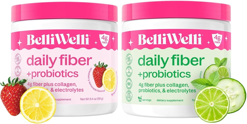 Belli Welli Daily Fiber Supplement Duo - Strawberry Lemonade & Cucumber Lime Mint - mit Collagen, Probiotics & Elektrolyten - Refreshing Flavors für Balanced Wellness - 32 Gesamt Servietten