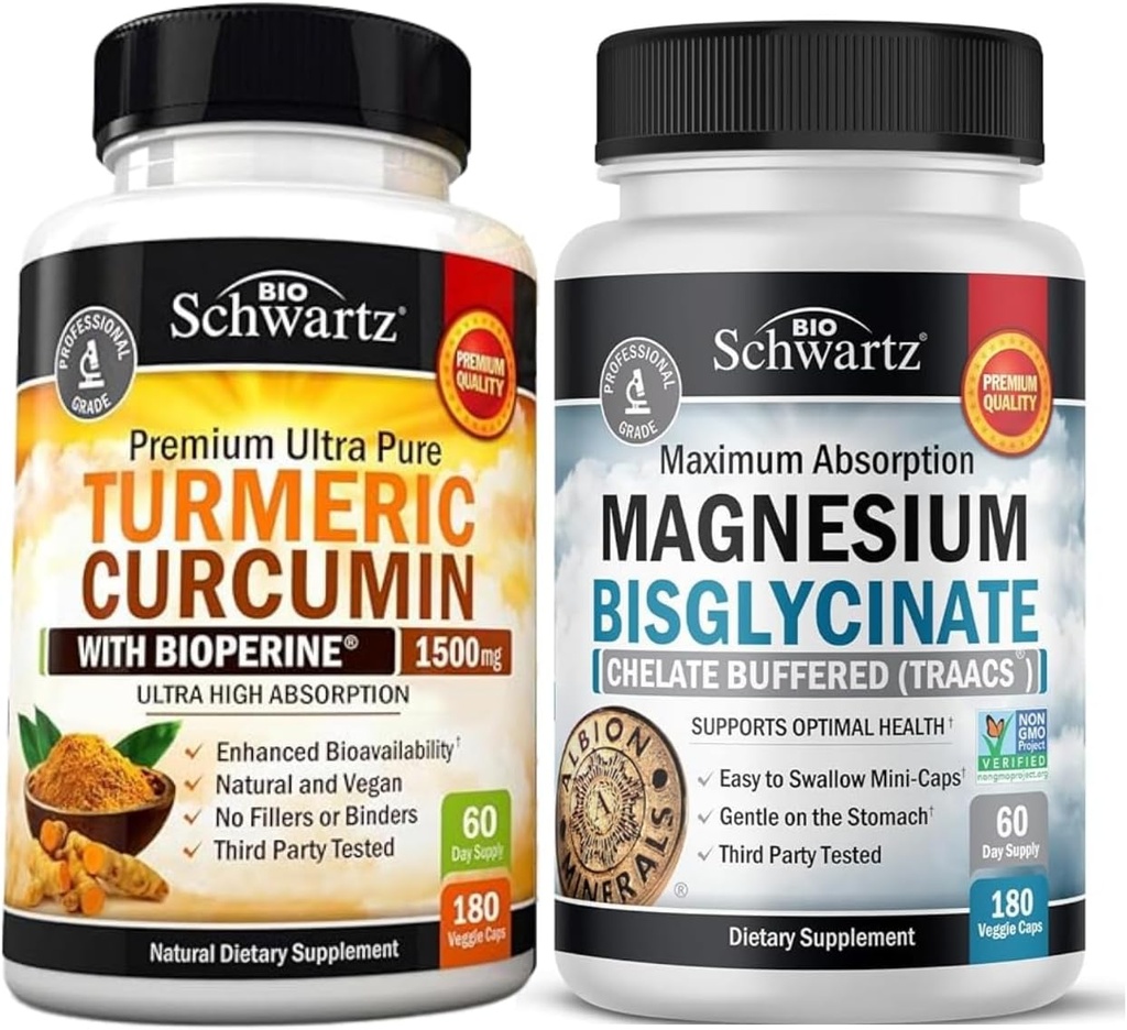 Kurkuma Curcumin mit schwarzem Pfeffer Extrakt 1500mg Komplex (1 Monat Versorgung) Plus Hohe Absorption Magnesium Bisglycinat Kapseln (2 Monat Versorgung)
