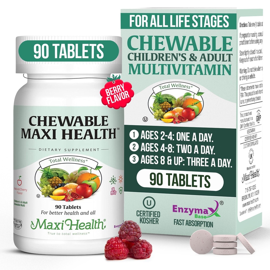 Maxi Health Chewable Multivitamin für Kinder, Jugendliche und Erwachsene - Cherry Chewable Vitamine für Erwachsene & Kinder - Kosher Kids Multivitamin + Eisen (90 Tabletten)