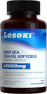 Losoki Deep Sea Fish Oil - 1000 mg EPA & DHA, Omega-3 Fettsäuren, Wild Caught Fish, Premium Burpless Softgel Ergänzungen - 60 ct