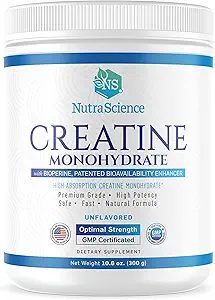 NutraScience Creatine Monohydrat-Pulver mit BioPerine, unterstützt Lean Muskelwachstum und Erholung, 60 Servierungen, 5000mg pro Servierung, Unflavored, GMP sertified, Vegan Friendly, Non GMO