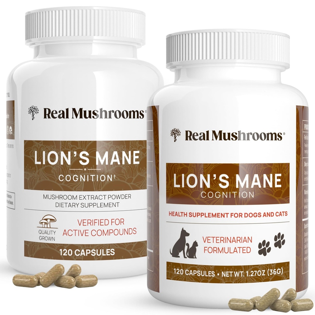 Echte Pilze Lions Mane für Menschen (120ct) und Haustiere (120ct) - Bundle für Kognition und Immunität - Vegan, Non-GMO, Gluten-freie, grau-freie Pilzextrakt Ergänzungen