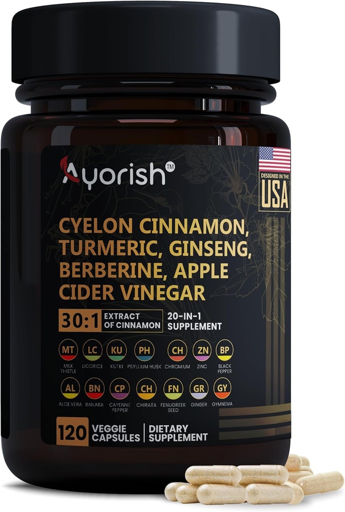 Ceylon Cinnamon Kapsel 30:1 Extraktäquivalent zu 9000mg | Kurkuma, Ginseng, Apfelessig Berberine Plus Bitter Melon Gymnema, Kutki, Chirata 120 Veg Kapseln – 60 Tage Versorgung