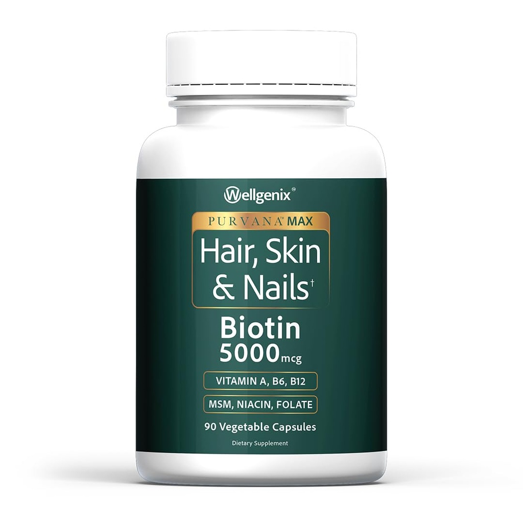 Wellgenix Purvana Max Hair, Haut und Nägel Vitamin: Biotin 5000mcg für verbessertes Haarwachstum, Haarausfall Prävention für Frauen und Männer, Vegan, Ideal für Post Partum & PCOS, 90 Count, Pack von 1