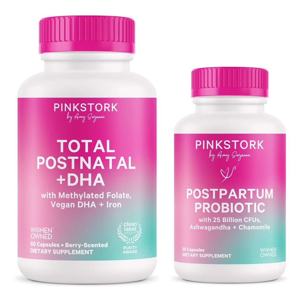 Pink Stork Postnatal Multivitamin + Probiotika mit Vegan DHA, Ashwagandha, Eisen, Folate, B12 - Unterstützt Hormon Balance, Postpartum Erholung, Gut Health, & Digestion - Paket von 2