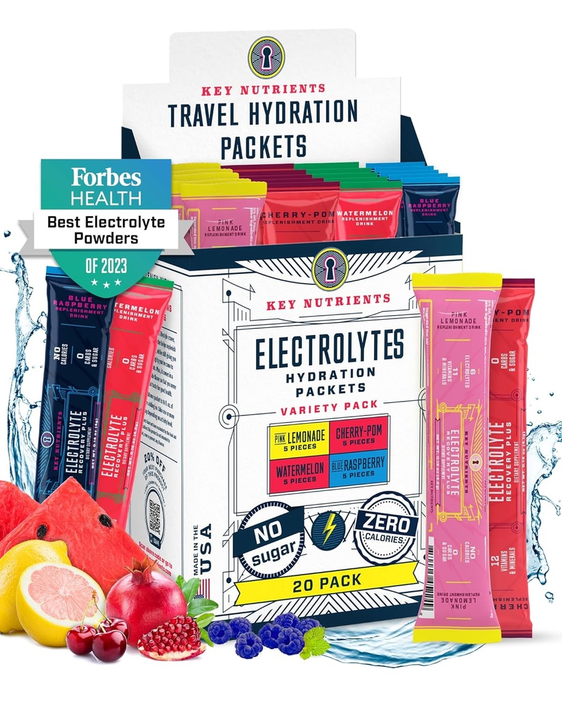 KEY NUTRIENTS Elektrolyte Pulver-Packets Kein Zucker - 4 köstliche Aromen in Hydration Packets 20 Pack - keine Kalorien, Glutenfreie Elektrolyte Pulver-Packets - Keto Friendly, Non GMO, Made in USA