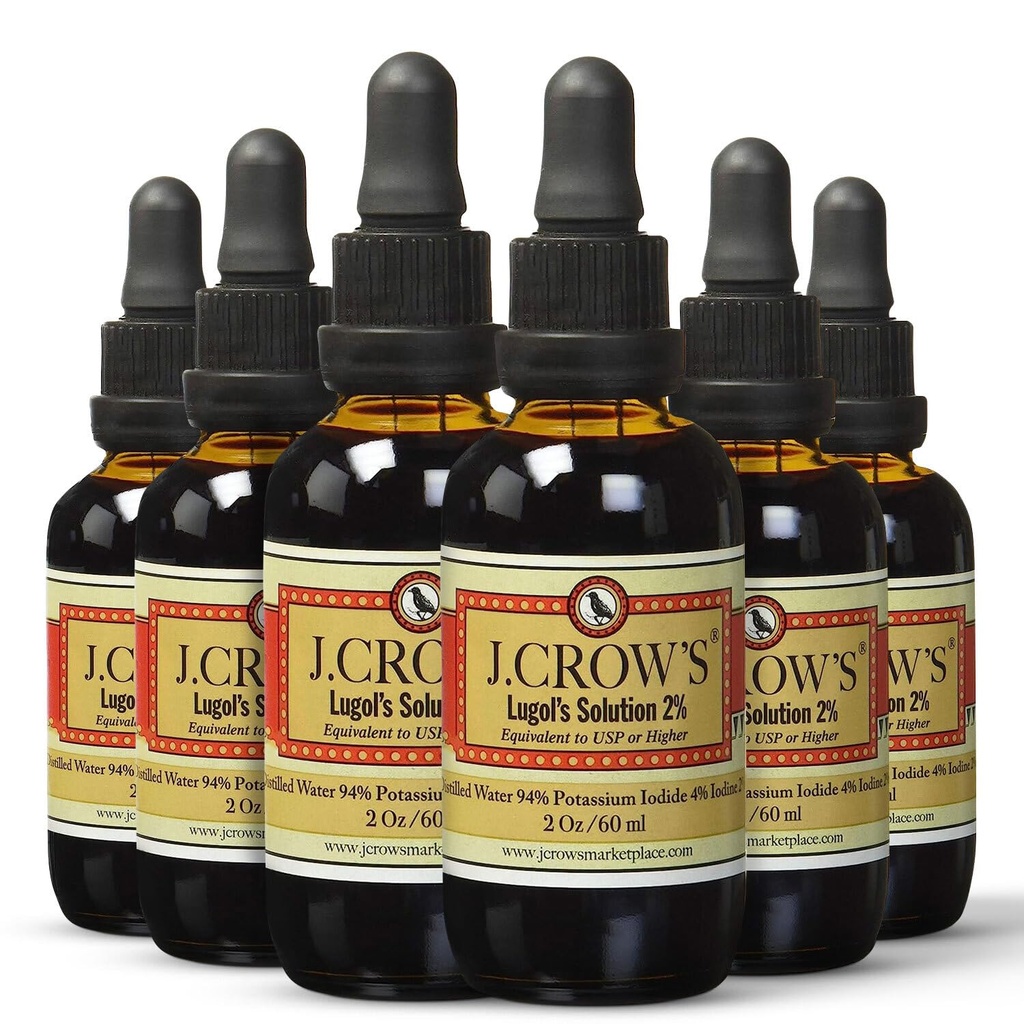 J.CROW'S® Lugol's Lösung von Iodin 2 % 2 oz (6 Flaschen) – Premium-Iodin & Kalium-Iodidflüssigkeit, Gluten &, Alkoholfreier natürlicher Brine-Extrakt, keine Expiration