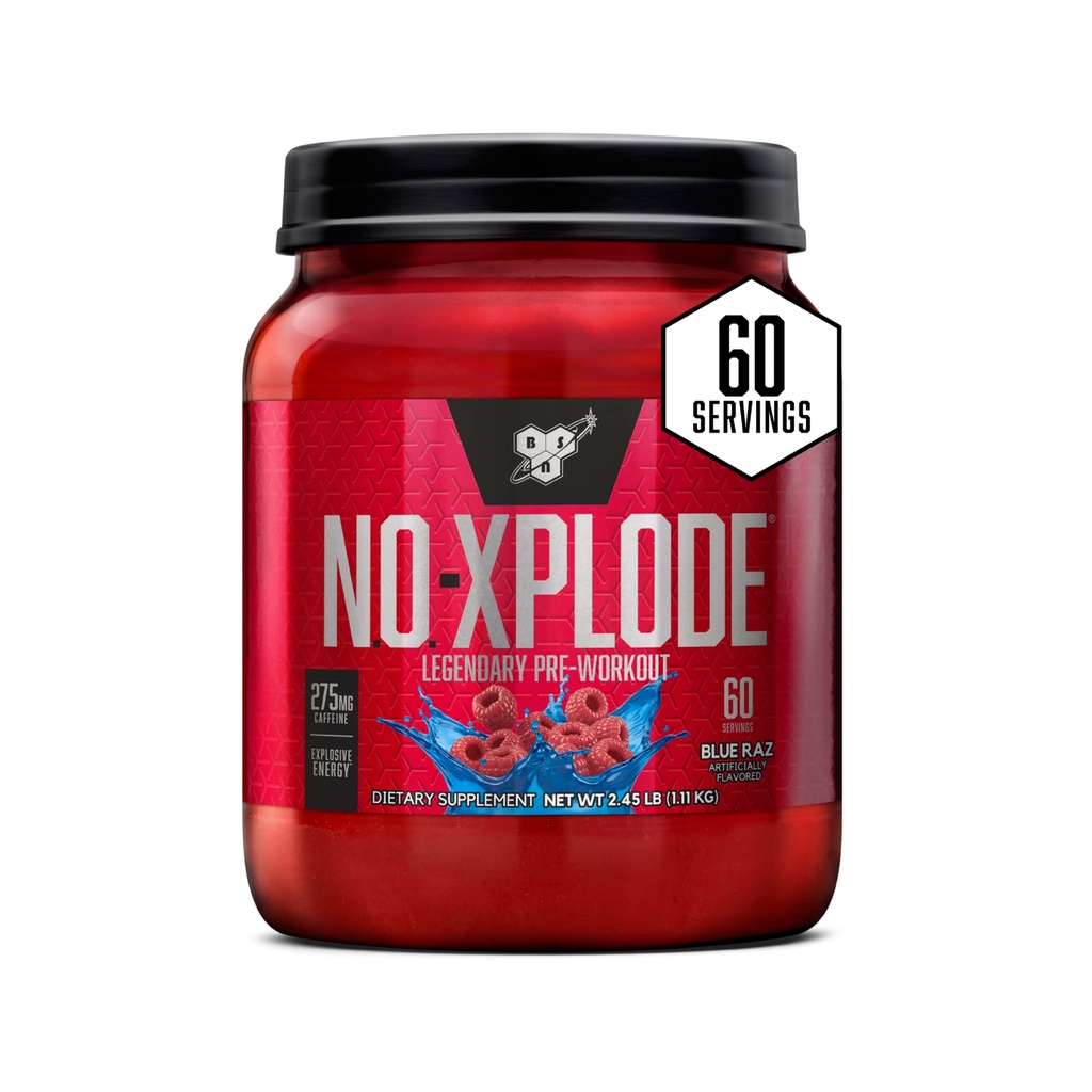 BSN N.O.-XPLODE Pre Workout Powder, Energy Supplement für Männer und Frauen mit Kreatin und Beta-Alanin, Geschmack: Blue Raz, 60 Portionen