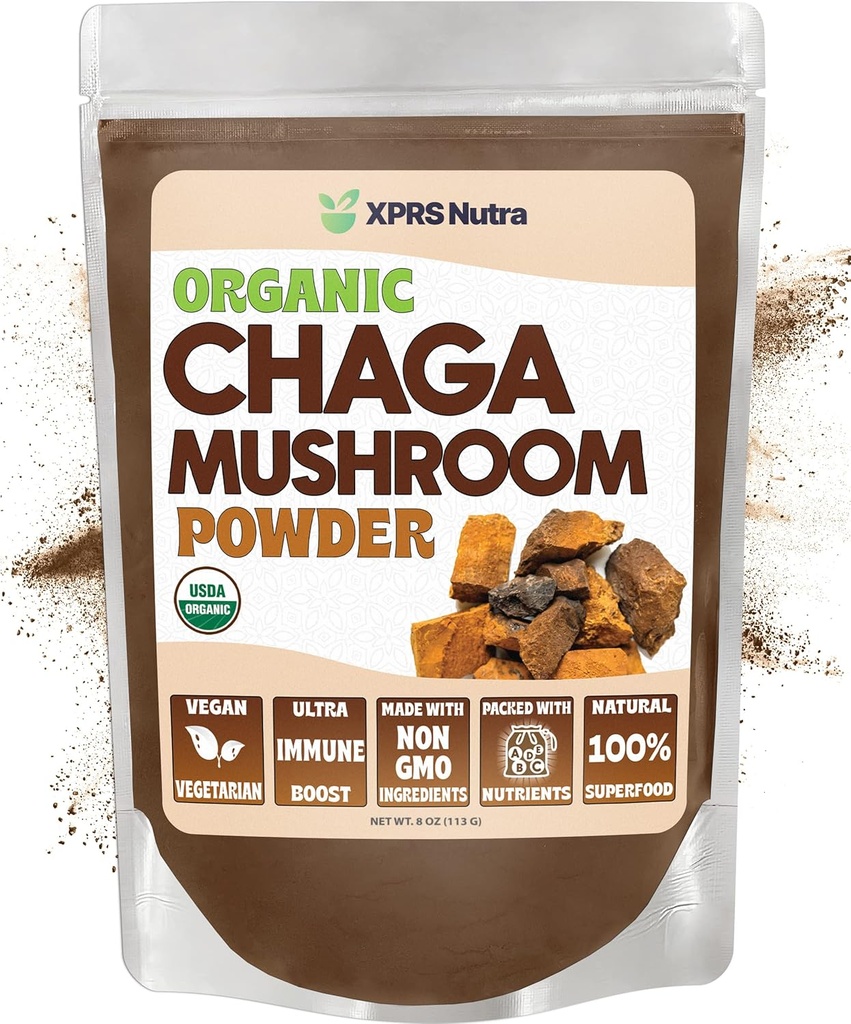 XPRS Nutra Organic Chaga Mushroom Powder - Premium USDA Organic Chaga Mushrooms Powder - Chaga Powder unterstützt Immungesundheit - Vegan Friendly Superfood für Chaga Tee und Getränke (8 oz)