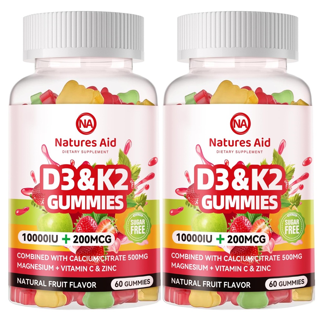 Natures Aid Sugar-Free Vitamin D3 K2 Gummie mit Calcium + K2 (MK-7), Magnesium Citrat, Vitamin C, Extra Strength - Ultimate Absorption für Knochen Muskel Zähne Immun, Vegan - 120 Gummie
