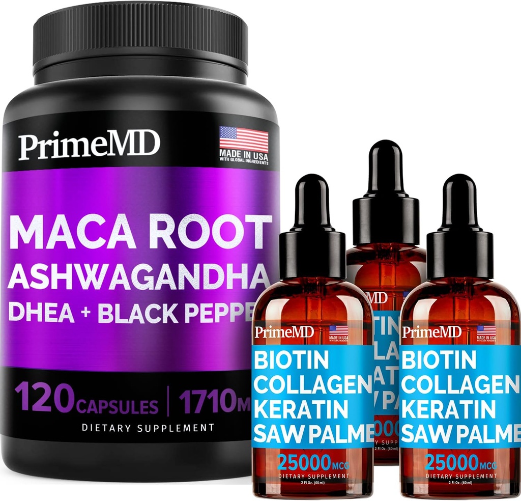 4-in-1 Liquid Biotin Collagen Keratin Saw Palmetto Tropfen (2 fl oz - 3 Pack) & 6-in-1 Maca Root Ashwagandha w Black Pepper Fruit (120ct) Bundle - Haar, Haut, Nägel, Energie &amp; Mood Support Supplement