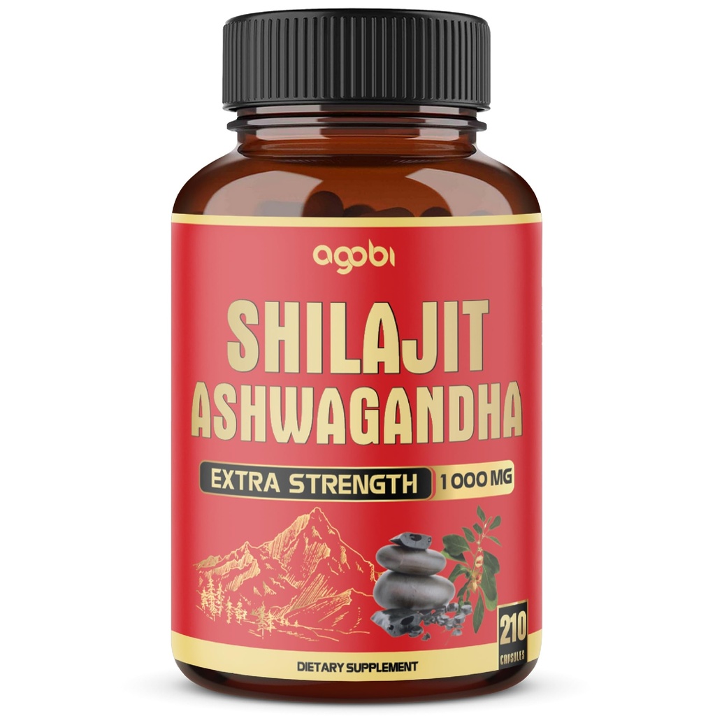 agobi 210 Kapseln - 600mg Shilajit Ergänzung mit 400mg Bio Ashwagandha Wurzel - Shilajit Pure Himalayan Organic for Energy Production, Immunsystem Gehirn Gesundheit, Fokus & Konzentration