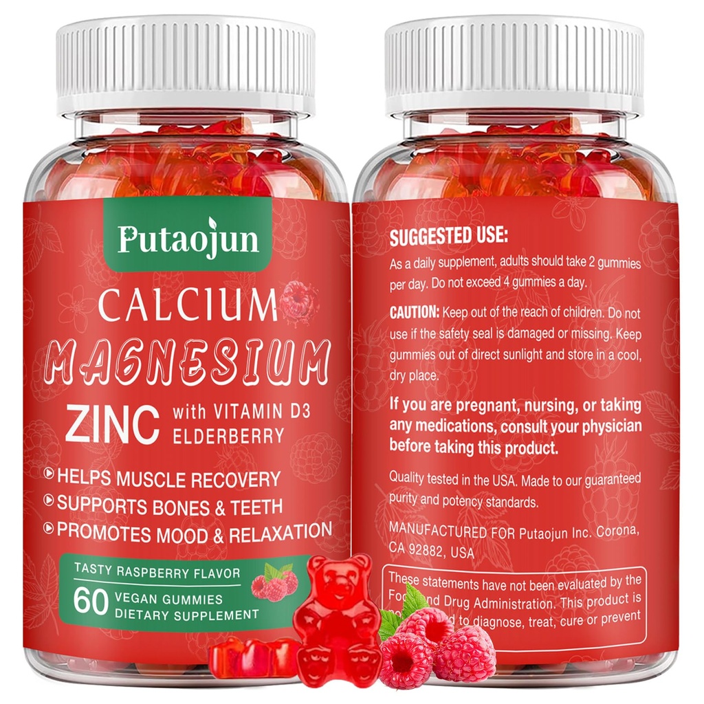 | Hohe Absorption Calcium Magnesium Zink Gummie, Zucker freie Calcium Magnesium Zink Ergänzung mit D3 | Knochen & Zähne Stärke | Muskel & Nerve Funktion | Vegan | Raspberry Flavor | 1 Pack