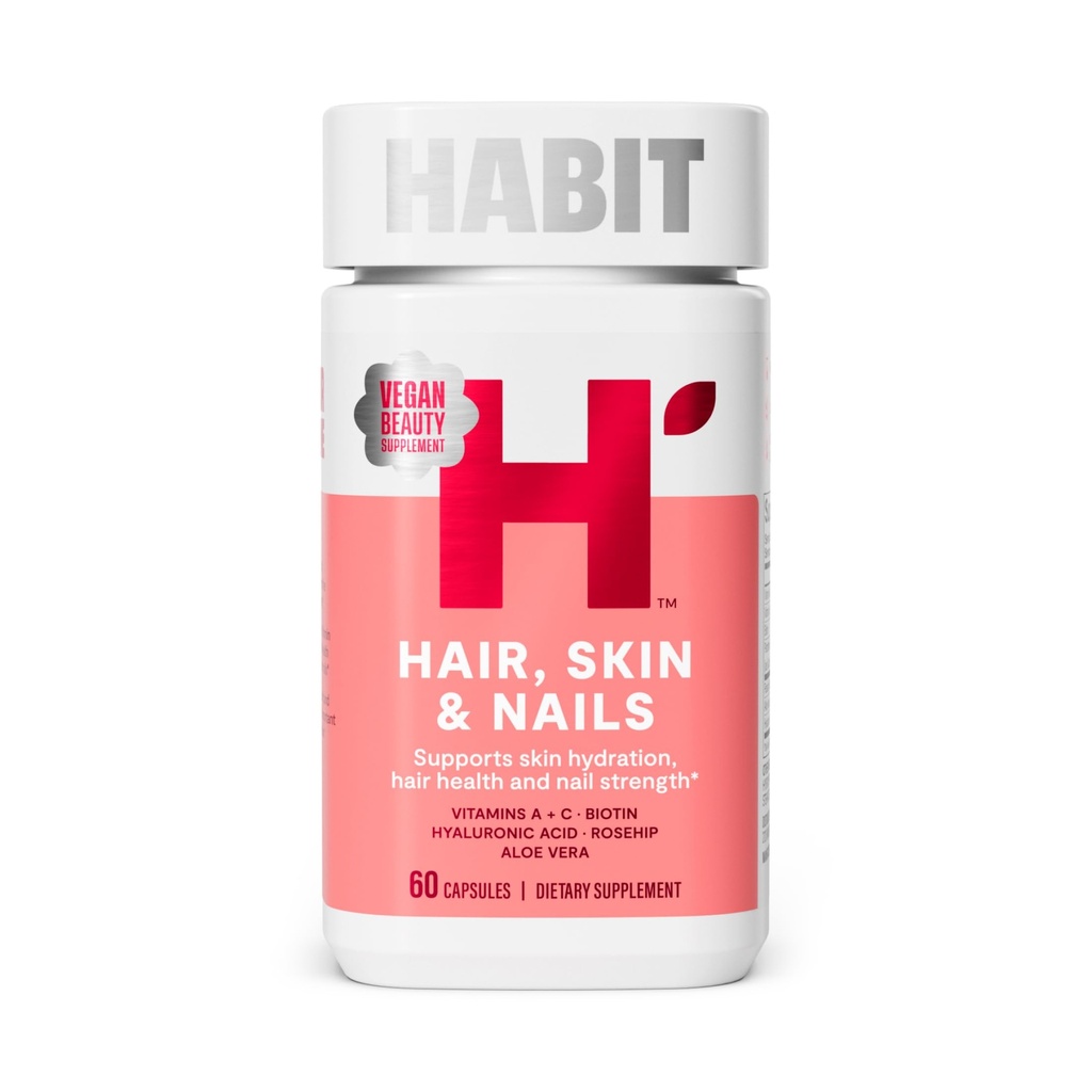 Habit Hair, Skin & Nails Supplement (60 Kapseln) - New Look, unterstützt Haut Hydration, Haar- und Nagelfestigkeit, Biotin 2000mcg, Vitamin A & C, Hyaluronsäure, Rosehip, Vegan, Non-GMO (1 Packung)