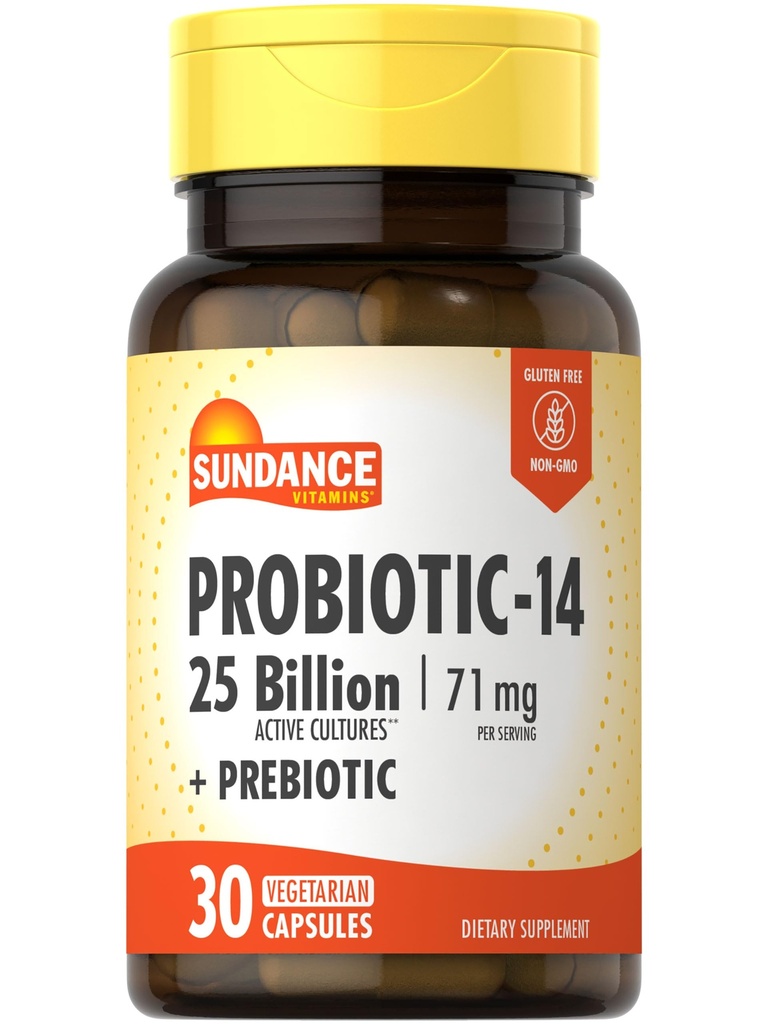 Sundance Probiotic-14 | 25 Billion Kulturen | 30 Kapseln | mit Präbiotika | Vegetarisch, Non-GMO und Glutenfreie Ergänzung