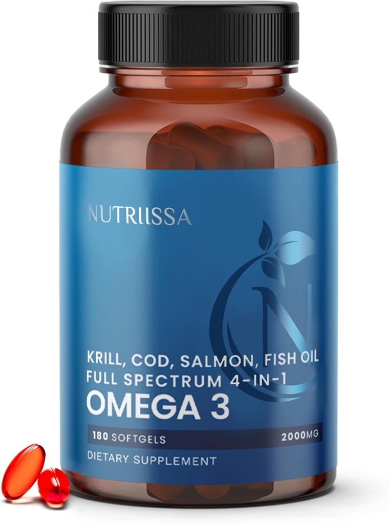 Nutriissa Full Spectrum Omega-3 – 2000 mg Oil Blend (Krill, Cod & Salmon Oil) – 1175 mg Omega-3s (EPA, DHA & DPA) – EPEB Certified, 3-Month Supply – Heart, Brain & Joint Support – 180 Halal Softgels