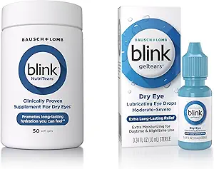 Blink GelTears Augentropfen für trockene Augen, Gelschmierende Augentropfen, Feuchtigkeitsspendende und extra lang anhaltende Feuchtigkeitspflege + Blink NutriTears Klinisch bewährte Ergänzung für trockene Augen, 50 Softgels
