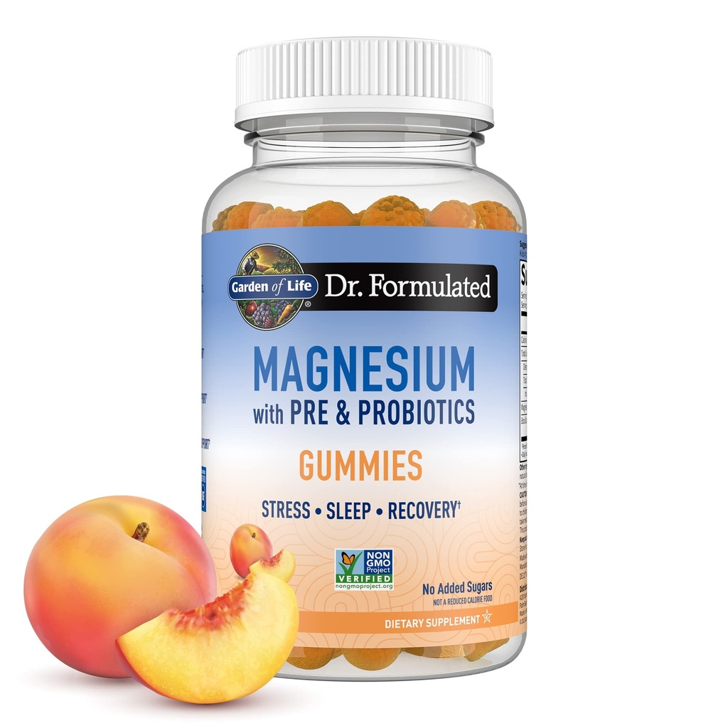 Garten des Lebens Magnesium Citrat Ergänzung Gummi mit Präbiotika & Probiotika für Stress, Schlaf & Erholung - Vegan, Glutenfrei, Kosher, Non-GMO, Ohne Zusatz von Zucker, Peach Flavor, 60 Count