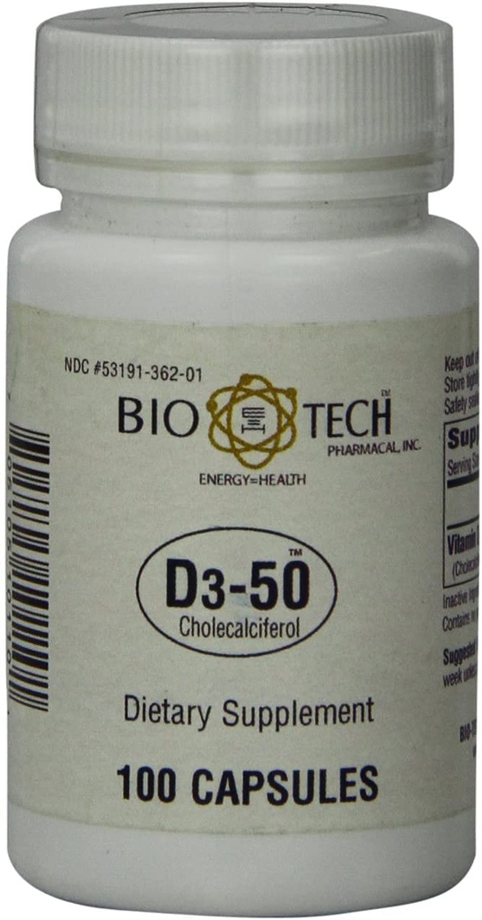 Bio-Tech Pharmacal D3-50 50.000 IU, 100 Kapseln Ð All-Natur-Ergänzung Ð Unterstützt Knochen, Herz Neuromuskulär, & Immune Gesundheit Ð Keine Milch, Fisch, Gluten, Peanut, Muscheln, & Soy