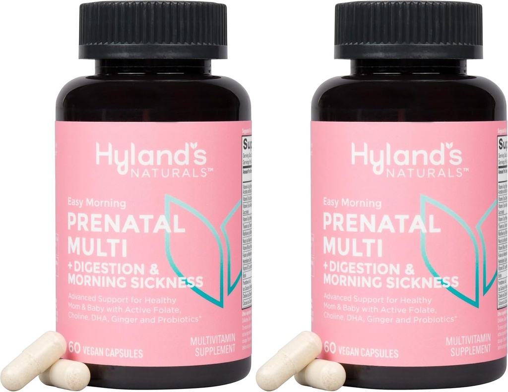 Hyland's Easy Morning Prenatal Multivitamin and Digestive Health and Morning Sickness Relief, 60 Vegan Capsules, mit Folate, Choline, Zink, Ginger Root, Prebiotics und Algae DHA (Pack von 2)