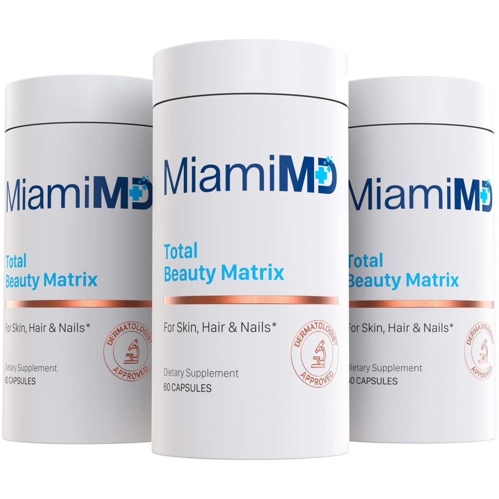 MiamiMD Total Beauty Matrix Collagen Ergänzungen für Frauen - Collagen Kapseln mit Vitamin C für Haar, Haut und Nägel - Cruelty Free - (60 Kapseln) - 3 Pack