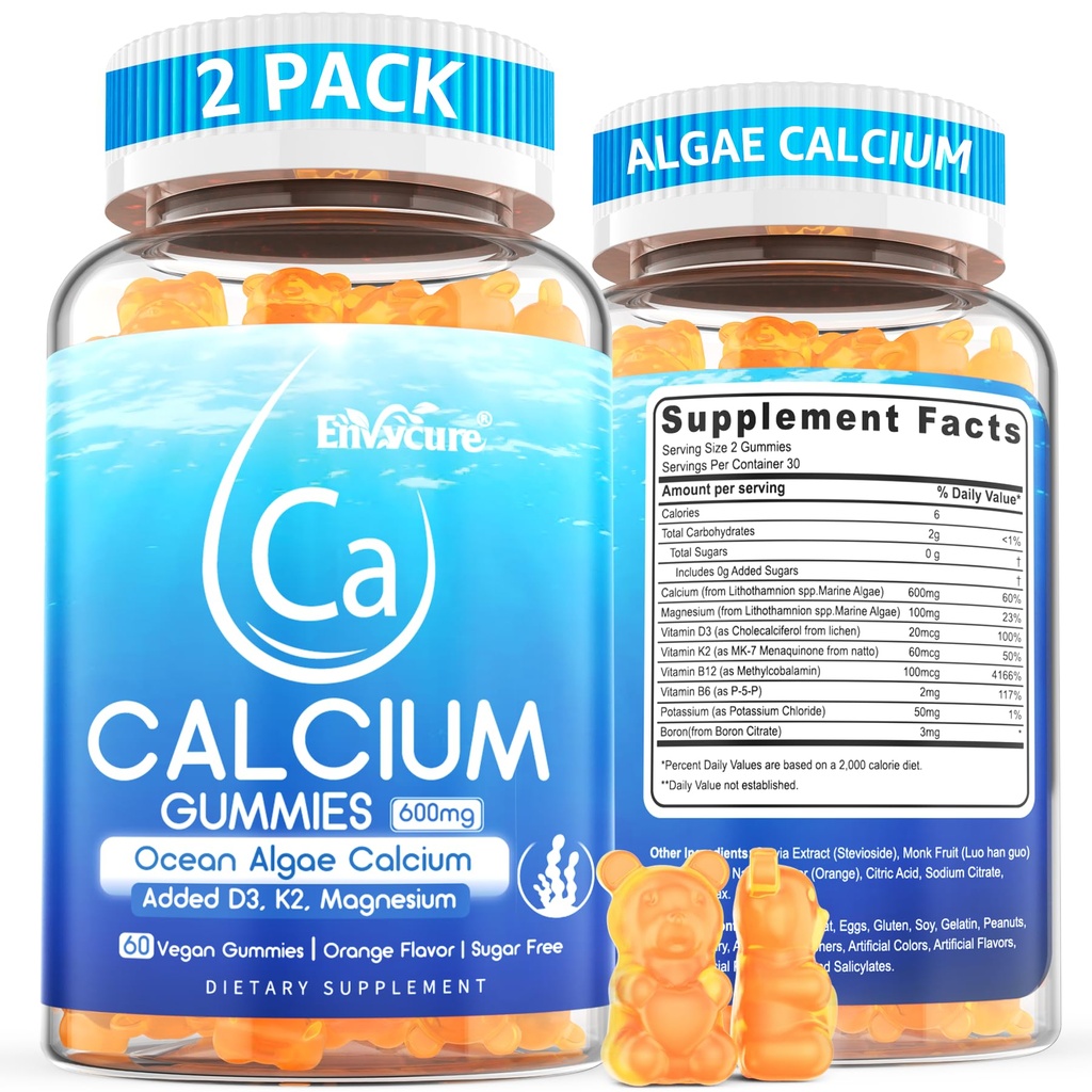 Calcium Gummi 600mg - Kalziumergänzung für Frauen, Ozean Algen Calcium | Vitamin D3, K2, Magnesium | für Knochenstärke, Muskel & Immnue | Sustainable Sourced Algae Calcium, 70+ Mineral, Vegan,2PACK