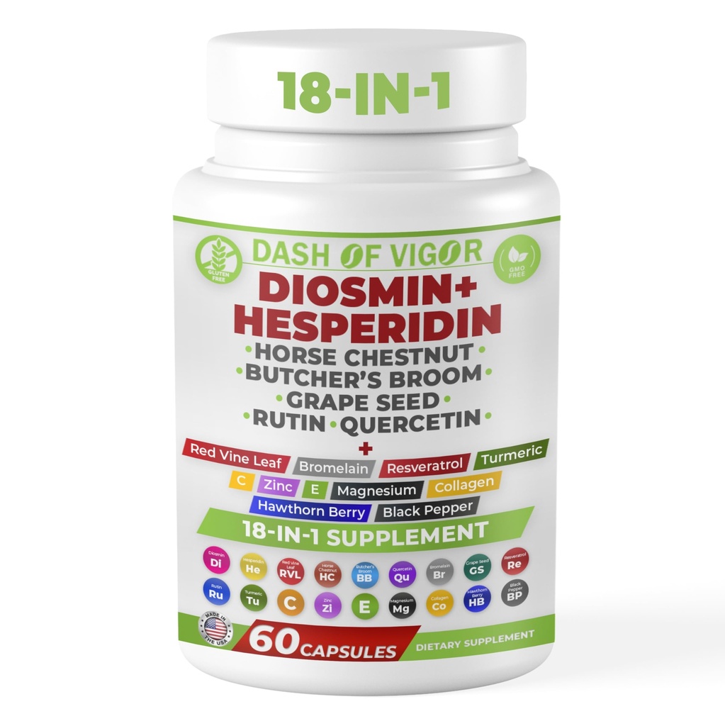 Dash of Vigor 18-in-1 Diosmin Hesperidin-Ergänzung, Quercetin mit Bromelain, Zink, Vitamin C mit Rutin-Ergänzung, Pferd Chestnut-Extrakt, Metzger Broom Extract, USA, 60 Kapseln