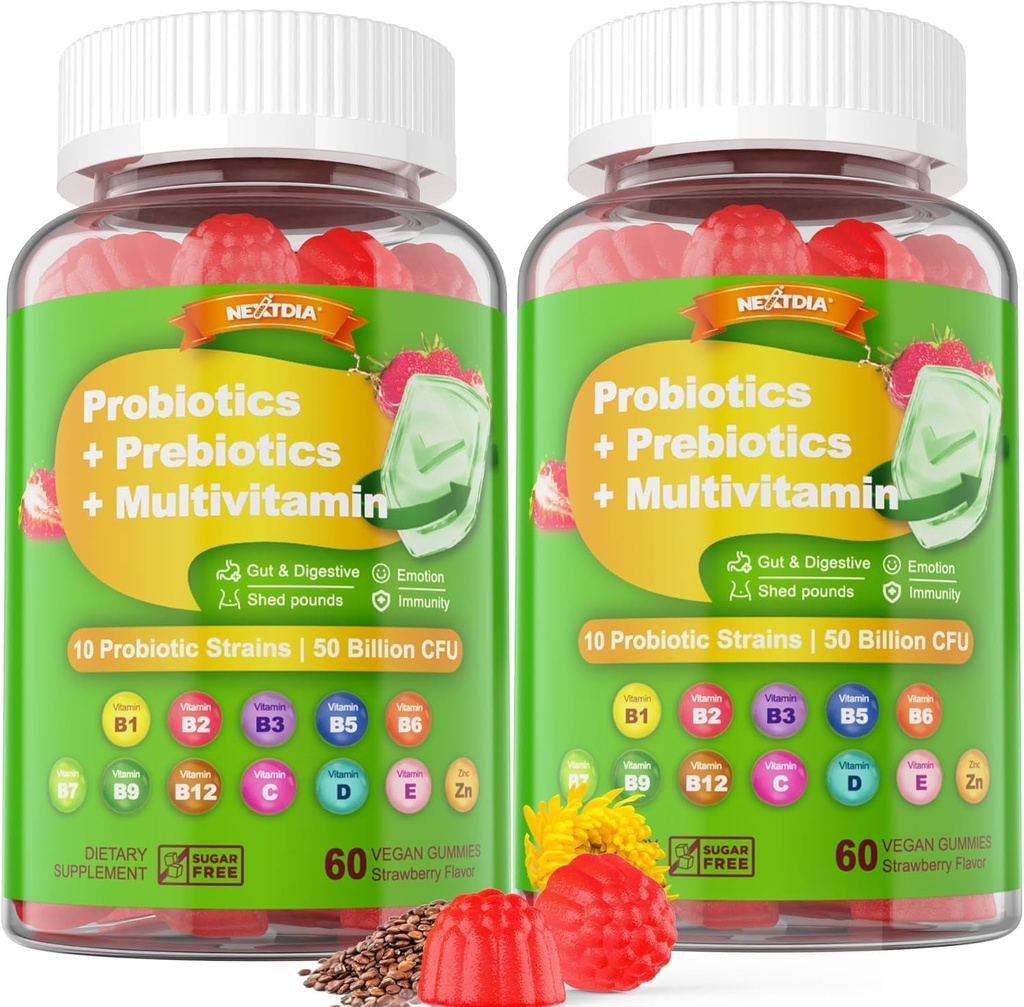 Vegan Probiotics Gummie für Damen und Herren - Fiber Prebiotics Supplements | 50 Billion CFUs Probiotics, Inulin, Psyllium Husk & Multivitamin für Gut, Verdauung & Immune Health,2 Pack