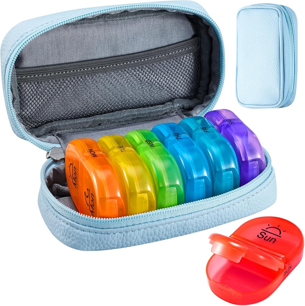 Serfeymi Weekly Travel Pill Organizer 2 Mal A Day AM Upgraded Regenbogen Pille Box 7 Tage mit tragbaren Reißverschluss PU Leder Pille Fall, Medizin Organizer für Pillen, Vitamine, Fischöle - Blau 01