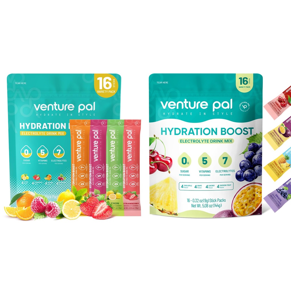 Venture Pal Sugar Free Electrolyte Powder Packets - Liquid Daily IV Drink Mix for Rapid Hydration & Party Recovery | 5 Vitamine & 7 Elektrolyte| Keto Friendly | Non-GMO | Certified Vegan | 16 Sticks