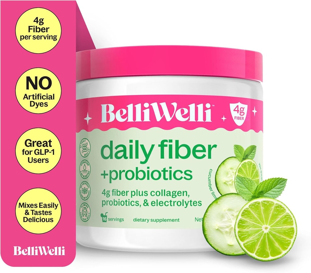 Belli Welli Fiber Supplement für Damen und Herren – Premium Daily Fiber Powder from Organic Acacia with Added Collagen, Electrolytes & Probiotics – No Bloat, Constipation & Gut Health Support (Cucumber)