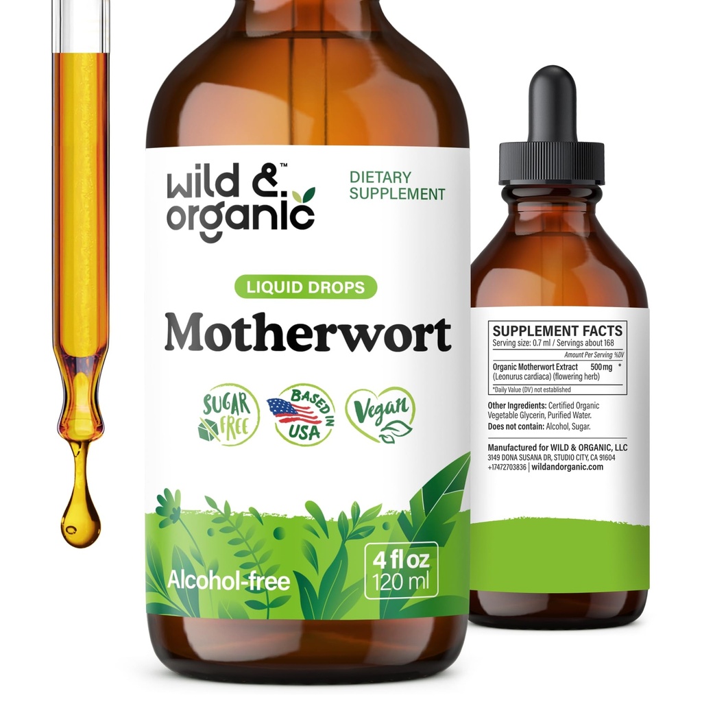 Wild & Organic Motherwort Tincture - Gute Stimmung, Beruhigung, Gesamtunterstützung - Beilagen für Damen mit Mutterwort Kräuter - Vegan, Zucker & Alkoholfreie Extrakt Tropfen - 4 fl oz