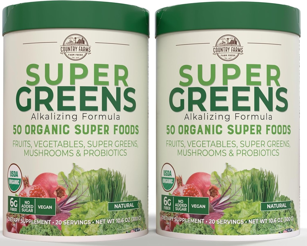 Country Farms Super Greens Natural Flavor, 50 Bio Super Foods, USDA Organic Drink Mix, Fruits, Gemüse, Super Greens, Pilze & Probiotics, unterstützt Energie, 40 Servietten, 10.6 Oz, 2 Pack