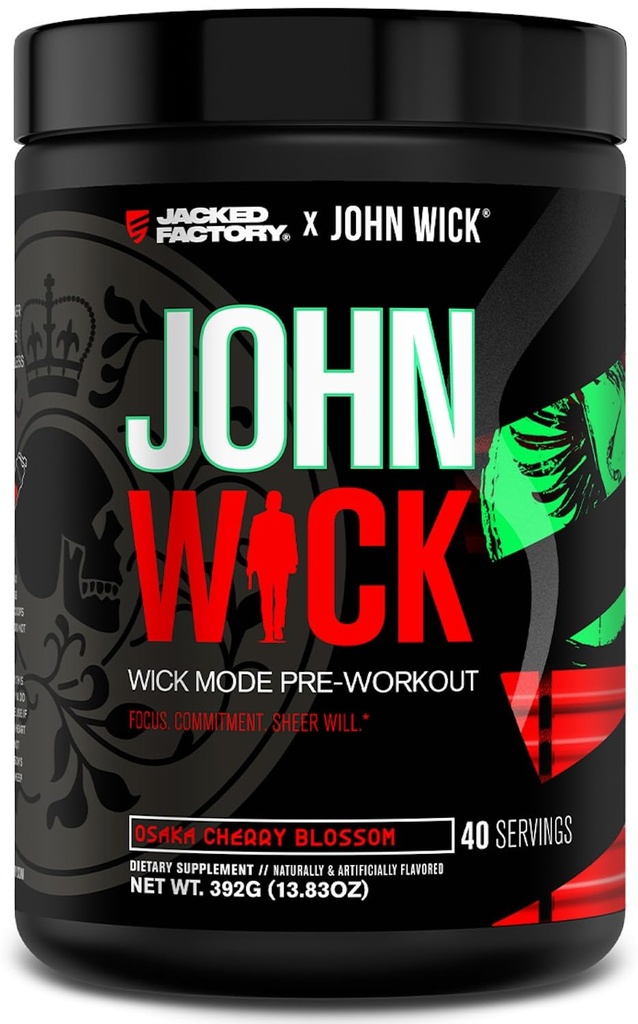 Jacked Factory X John Wick - Wick Mode Pre Workout Powder - Intense Energy, Battle-Ready Focus, Unstoppable Commitment, und Sheer Will - 40 Servierungen, Osaka Cherry Blossom