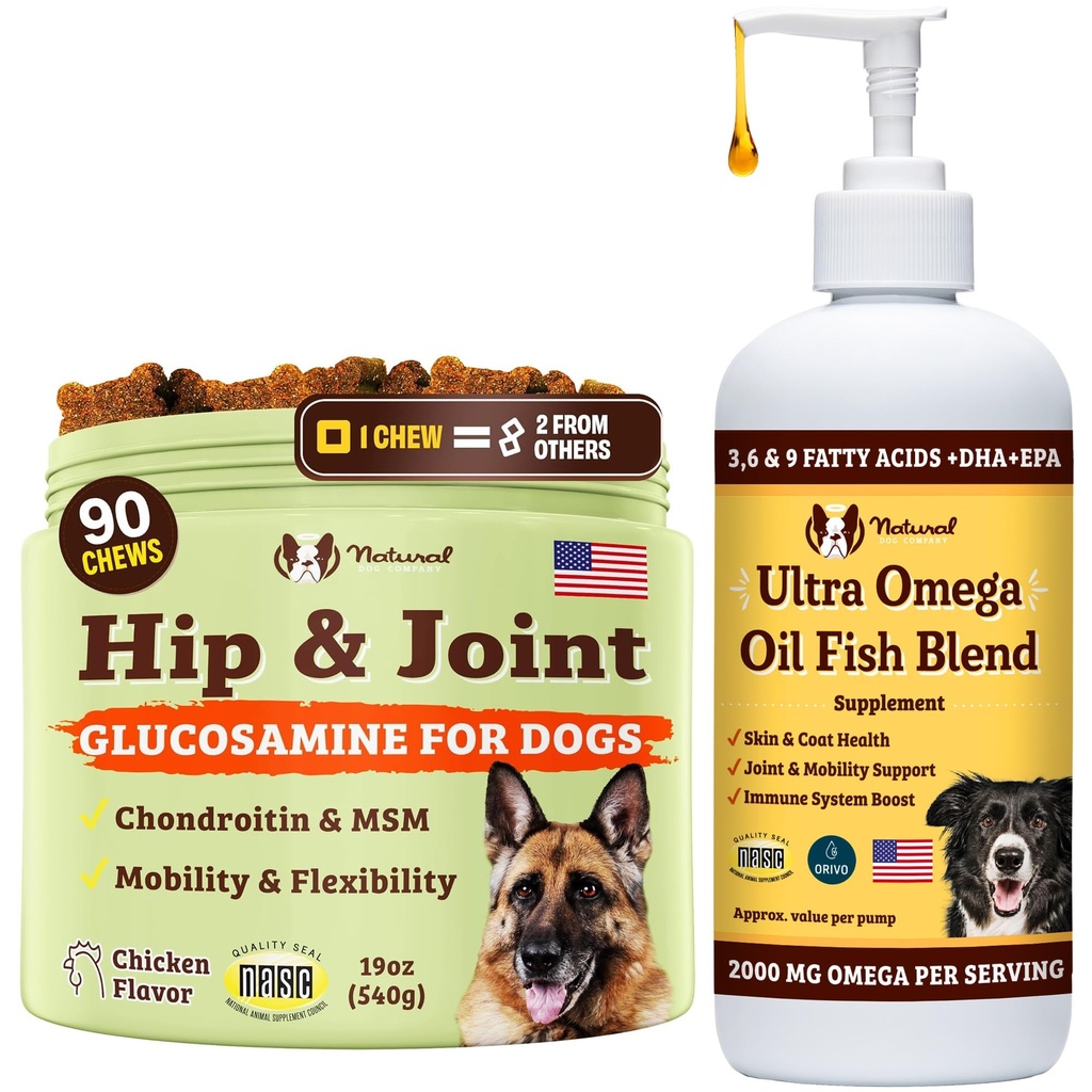 Natural Dog Company Canine Vitalität Hunde Vitamine und Nahrungsergänzungsmittel Bundle, enthält (1) Hip- und Joint Chews Ergänzung-90 Stück Cosequin für Hunde, (1) Ultra Omega Fish Oil 16 Oz Omega 3 Fischöl für Hunde