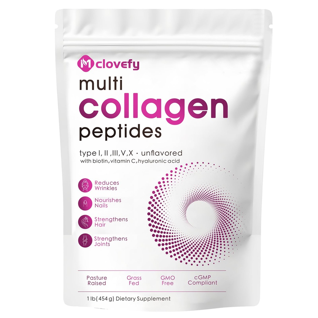 Multi Collagen Peptides Powder, 16 Oz (41 Servierungen) - Proteinergänzung, Typ I, II, III, V, X mit Hyaluronsäure, Vitamin C und Biotin, Unflavored, leicht Mischungen in Getränken