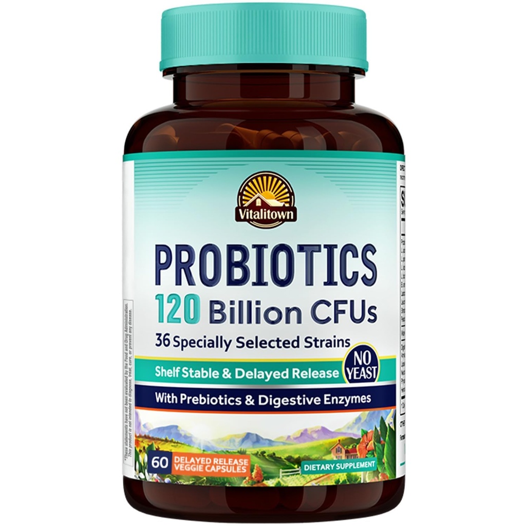 Vitalitown Probiotics 120 Billion CFUs | 36 Strains, mit Prebiotics & Digestive Enzyme | Shelf Stable | Verdauungs- und Immununterstützung | Vegan, Non-GMO | Pack von 1 | 60 verzögerte Freisetzung Veg Caps