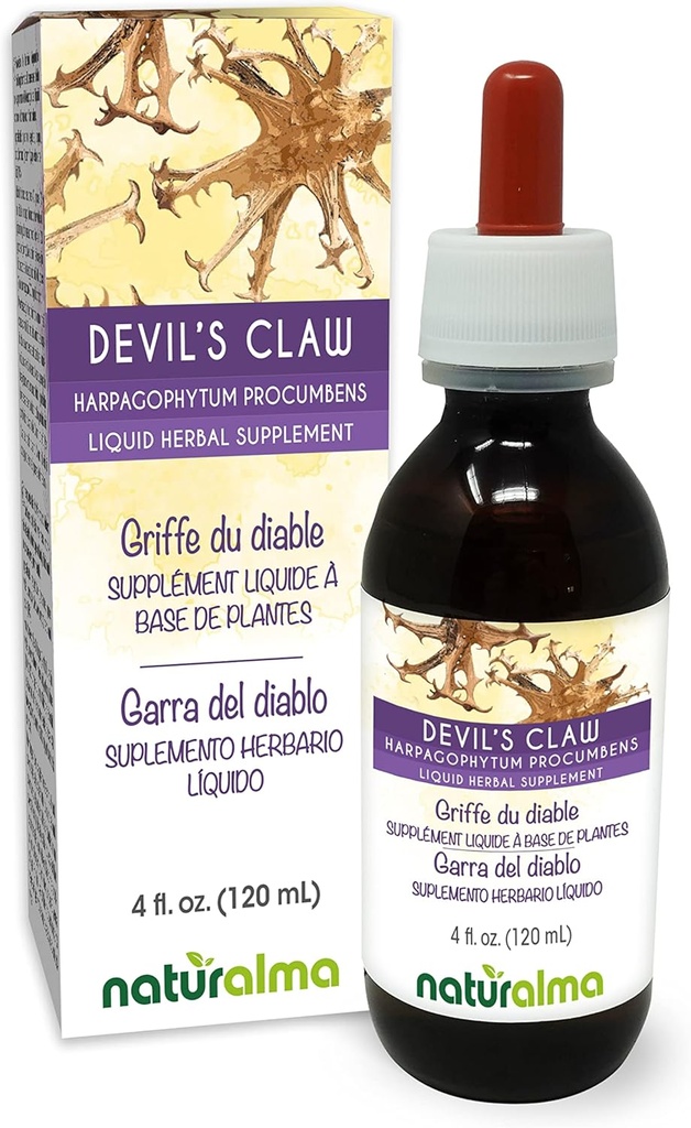 Naturalma Devil's Claw (Harpagophytum procumbens) Root Alcohol-Free Tincture - 4 fl oz Flüssiger Extrakt in Tropfen - Kräuterergänzung - Vegan