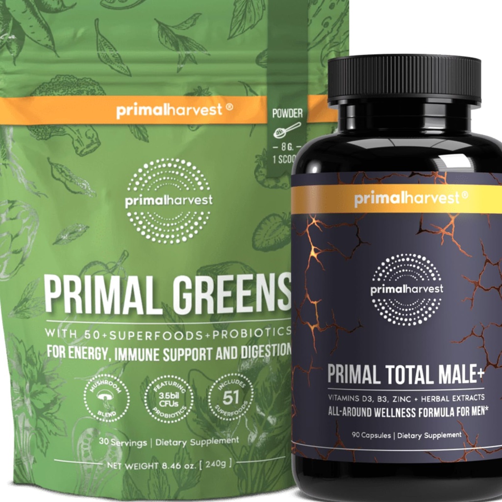 Primal Harvest Primal Gesamt Male+ & Primal Greens Männer Multivitamin und Nahrungsergänzung mit Ginseng, Vitamine D und B, Zink, Probiotika und mehr, Gluten und Dairy kostenlos