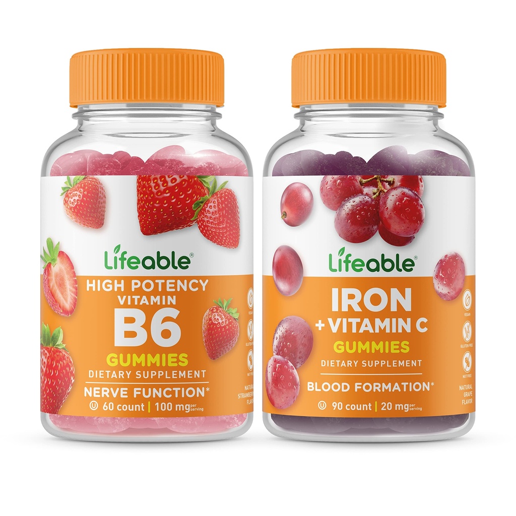 Lebensfähiges Vitamin B6 + Eisen mit Vitamin C, Gummie Bundle - Große Verkostung, Vitamin-Ergänzung, Glutenfrei, GMO frei, Kaubar